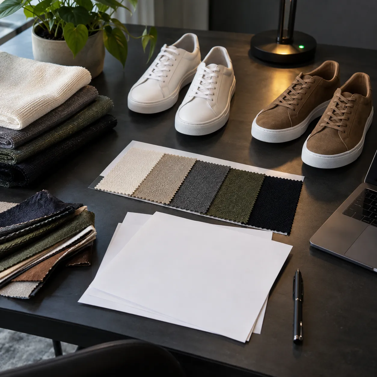 Wholesale catalog worktable with apparel swatches and shoe units