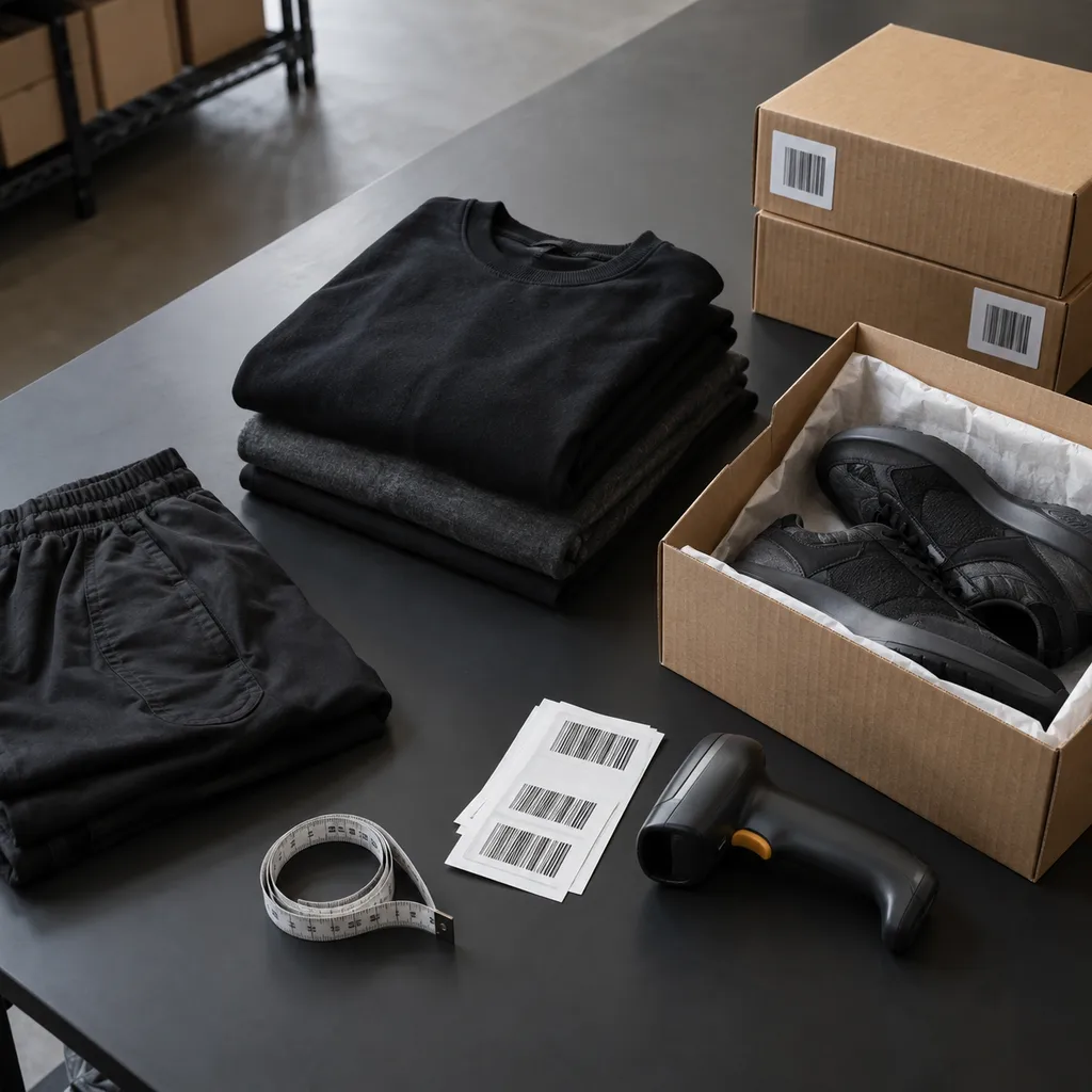 Wholesale apparel and footwear items arranged on a dark staging table