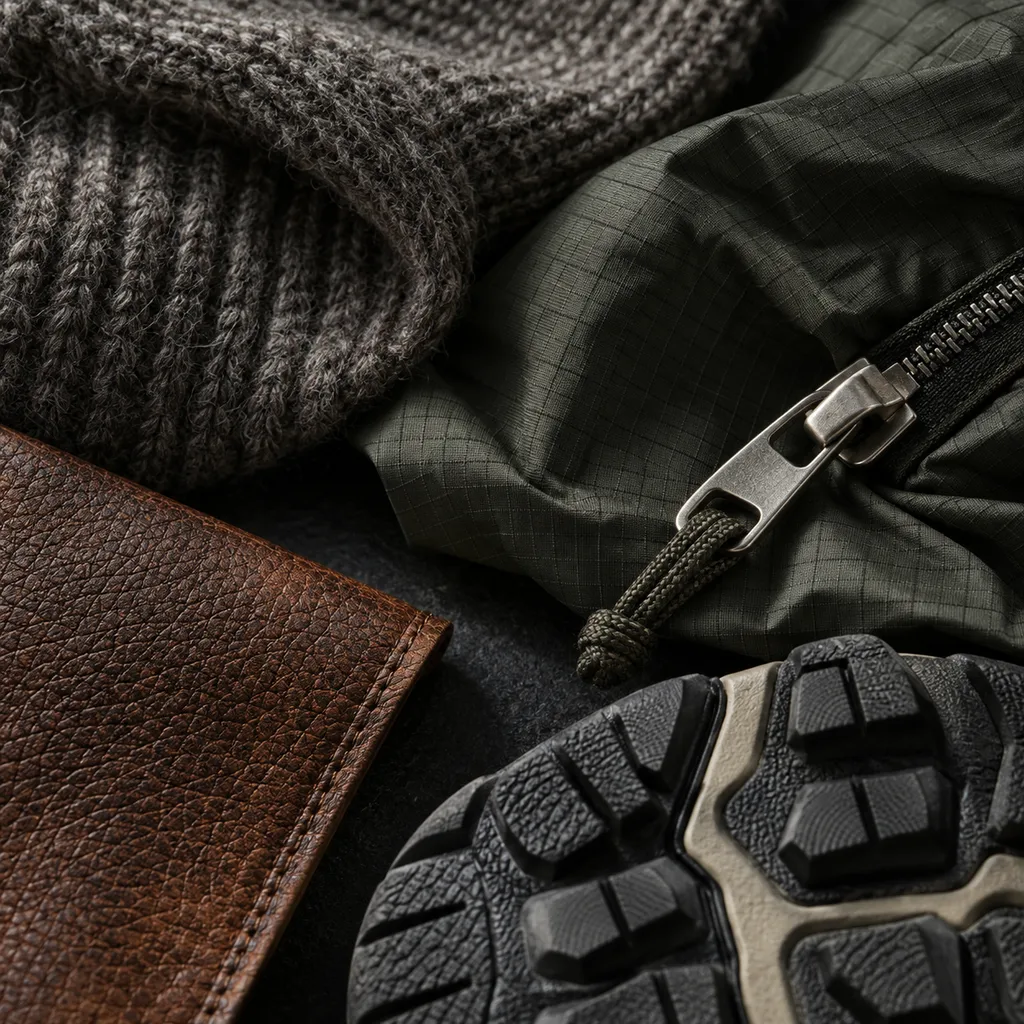 Close view of apparel textiles, leather and footwear construction details