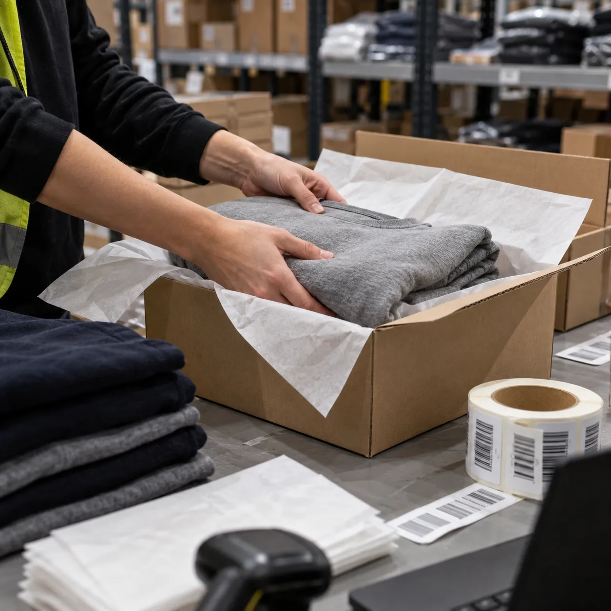 Hands packing apparel into shipping cartons at an organized wholesale station