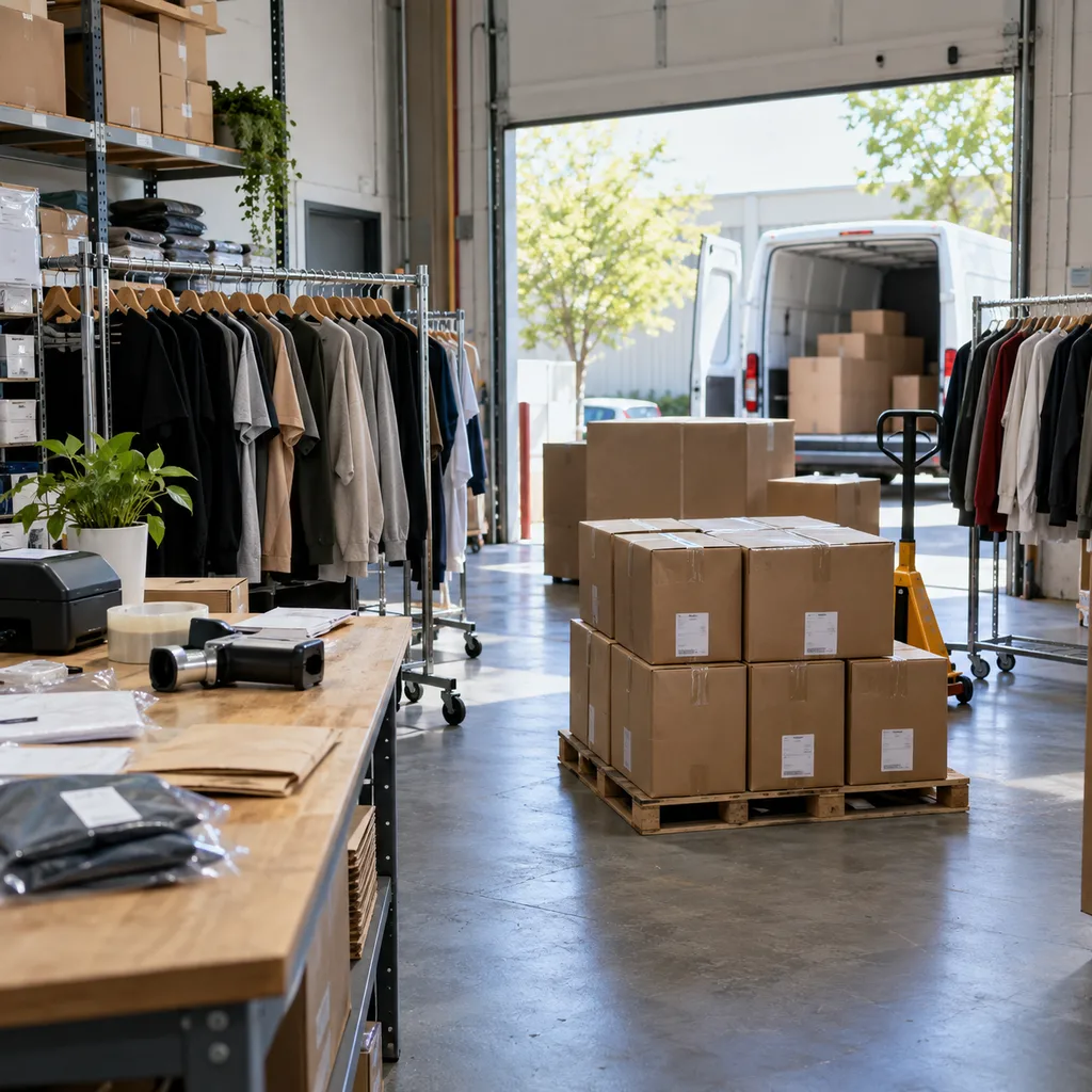Organized dispatch area with cartons and garment rails for wholesale orders